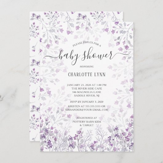 Dainty Lila Watercolor Blume Girls Babydusche Einladung (Vorne/Hinten)