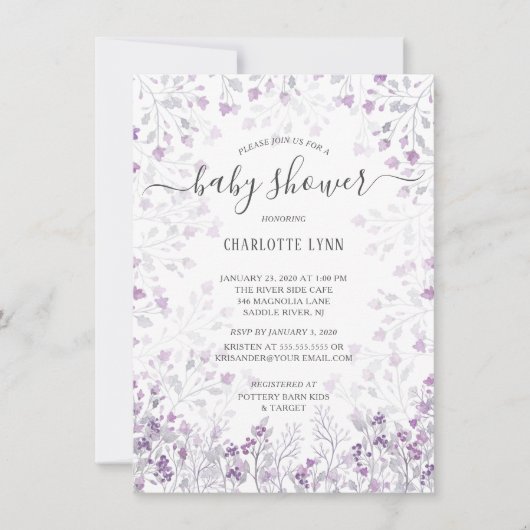 Dainty Lila Watercolor Blume Girls Babydusche Einladung (Vorderseite)