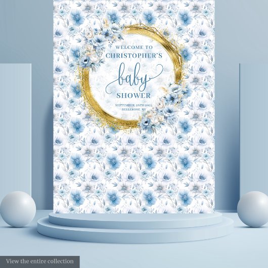 Dainty Pastel Blue Gold Floral Baby Duschbanner Wandteppich