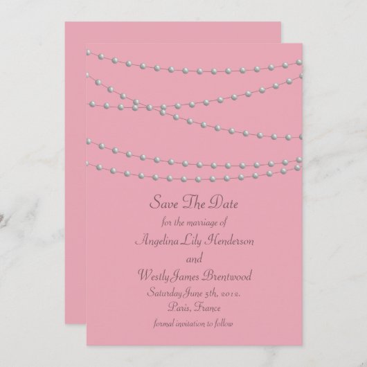 Dainty Pearls auf Pink Save the Date (Vorne/Hinten)