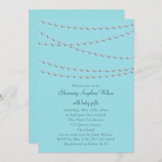 Dainty Pearls Baby Shower Invitation (Türkis) Einladung (Vorne/Hinten)