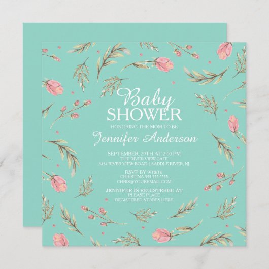 Dainty Pink Roses Girls Babydusche Einladung (Vorne/Hinten)