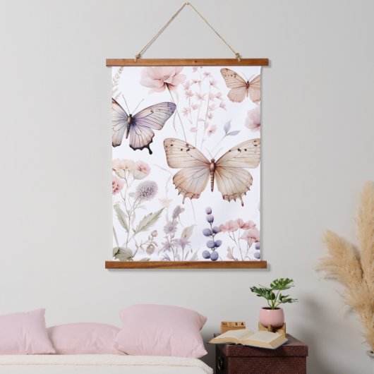 Dainty Pink und Lila Schmetterlinge und Blume Wandteppich Mit Holzrahmen (Schlafzimmer)