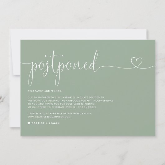 Dainty Script Sage Green Wedding Postponement Ankündigung (Vorderseite)