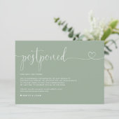 Dainty Script Sage Green Wedding Postponement Ankündigung (Stehend Vorderseite)
