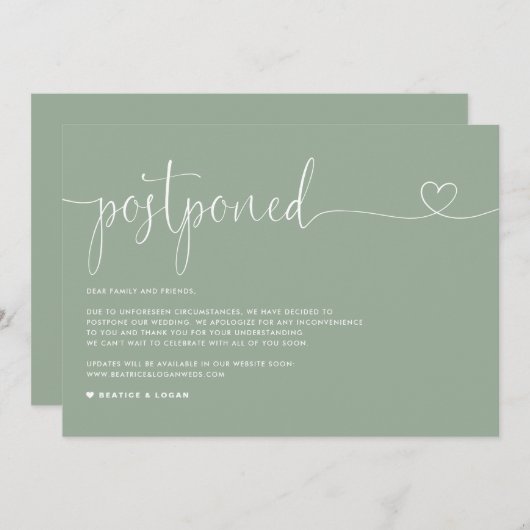 Dainty Script Sage Green Wedding Postponement Ankündigung (Vorne/Hinten)