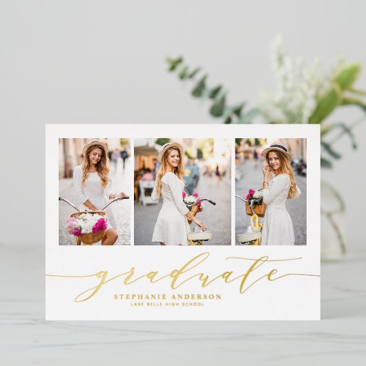 Dainty Script Three Foto Abschluss Folieneinladung (Stehend vorne)