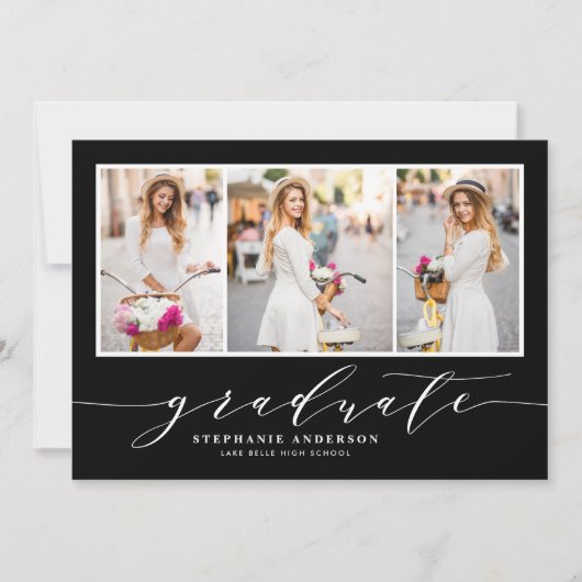Dainty Script Three Foto Black Graduation Party Einladung (Vorderseite)