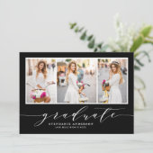 Dainty Script Three Foto Black Graduation Party Einladung (Stehend Vorderseite)