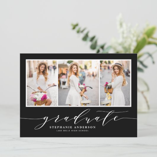Dainty Script Three Foto Black Graduation Party Einladung (Stehend Vorderseite)