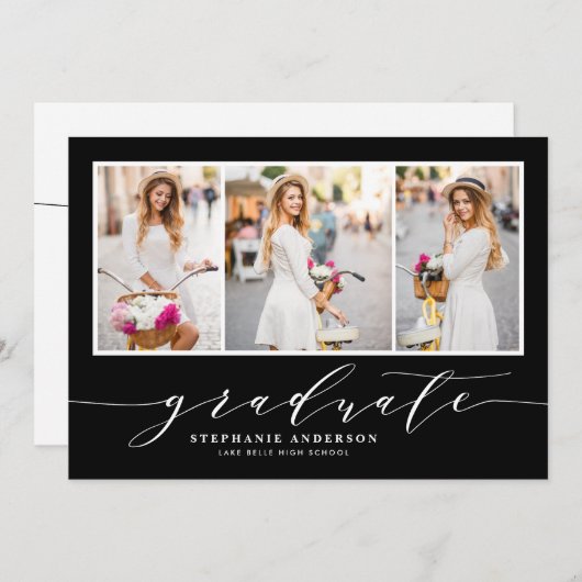 Dainty Script Three Foto Black Graduation Party Einladung (Vorne/Hinten)