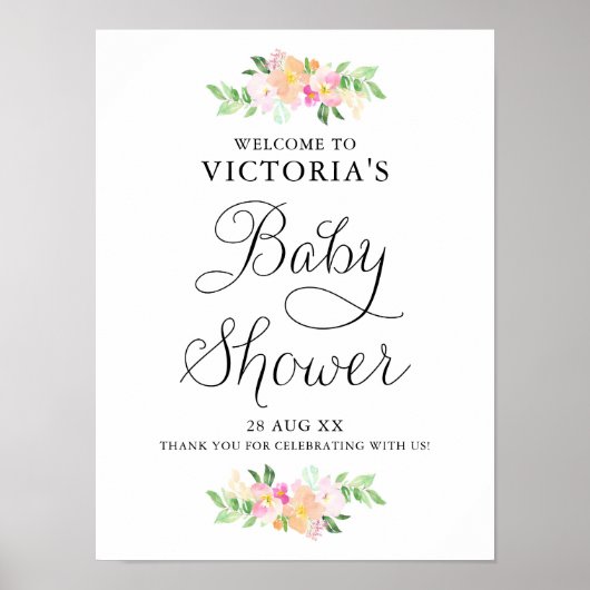 Dainty Watercolor Florals Baby Dusche Begrüßungsze Poster (Vorne)