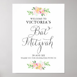 Dainty Watercolor Florals Bat Mitzvah Begrüßungsze Poster