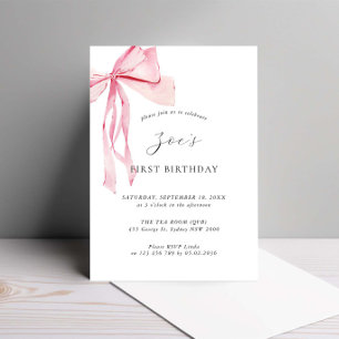 Dainty Watercolor Pink Bow Erster Geburtstag Einladung