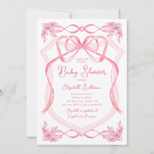 Dainty Watercolor Pink Ribbon Babydusche Einladung (Vorderseite)