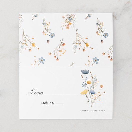 Dainty Wild Blume Florals Rustic Boho Wedding Platzkarte (Außenseite Aufgefaltet)