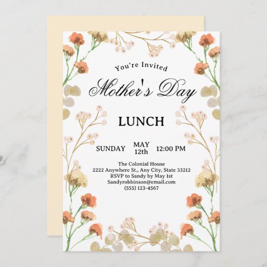 Dainty Wildblumen Weißes Muttertagsessen Einladung (Vorne/Hinten)