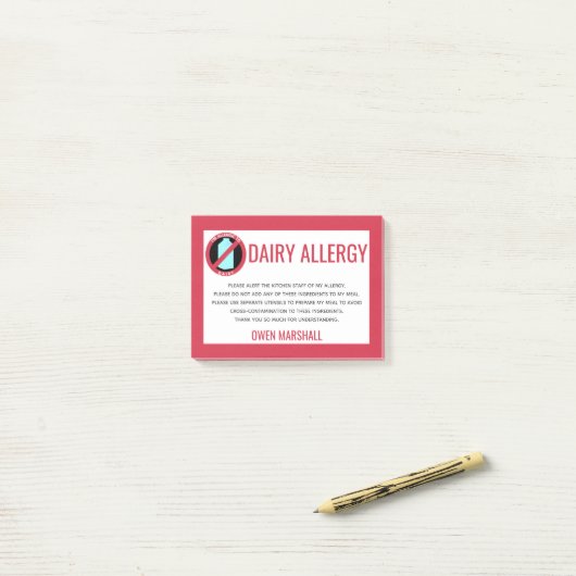 Dairy Allergy Alert Restaurant Koch Custom Post-it Klebezettel (Auf Schreibtisch)