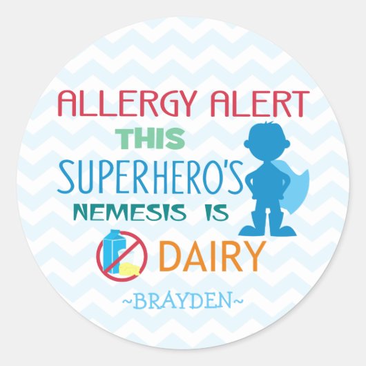 Dairy Allergy Alert Superhero Boy Blue Zickzack Runder Aufkleber (Vorderseite)
