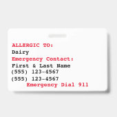 Dairy Allergy Badge - Customize Emergency Info Ausweis (Rückseite)