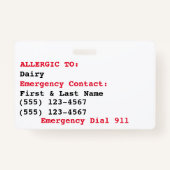 Dairy Allergy Badge - Customize Emergency Info Ausweis (Rückseite)