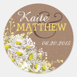 Daisies and Burlap Wedding Label Runder Aufkleber