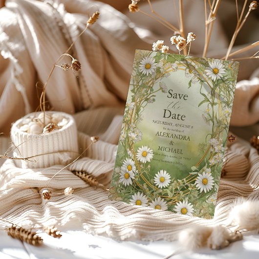 Daisies Art Nouveau Ivory Green Wedding Save The Date
