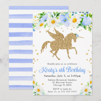 Daisies Blue Flowers Gold Unicorn Geburtstagsparty Einladung
