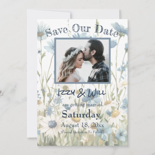 Daisies & Faded Denim Rustic Wedding Foto Save The Date (Vorderseite)