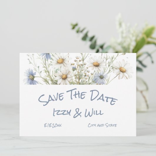 Daisies & Faded Denim Rustic Wedding Save The Date (Stehend Vorderseite)