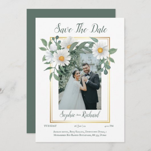 Daisies Floral Gold Hochzeit Speichern Sie die Dat Einladung (Vorne/Hinten)
