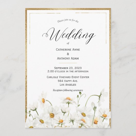 Daisies Floral Watercolor Gold Wedding Einladung (Vorderseite)