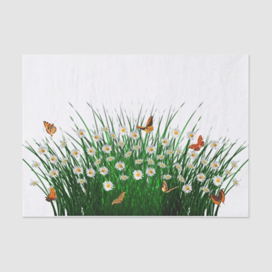 Daisies Green Grass Orange Butterflies Seidenpapier (Vorderseite)