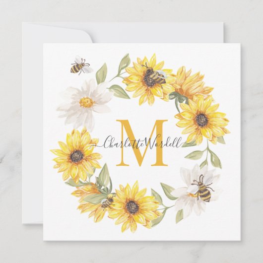 Daisies Honey Bees Monogram Mitteilungskarte (Vorderseite)