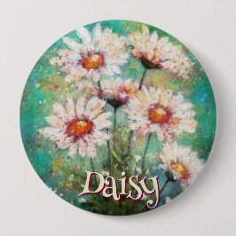Daisies Impressionistic Floral Teal Personalized Button