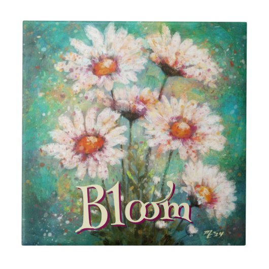 Daisies Impressionistic Floral Teal Personalized Fliese (Vorderseite)