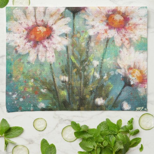 Daisies Impressionistic Floral Teal Personalized Geschirrtuch (Gefaltet)