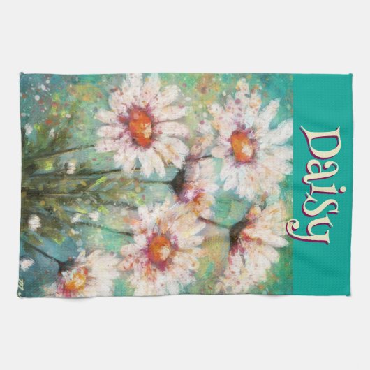 Daisies Impressionistic Floral Teal Personalized Geschirrtuch (Horizontal)