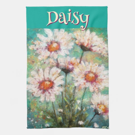 Daisies Impressionistic Floral Teal Personalized Geschirrtuch (Vertikal)