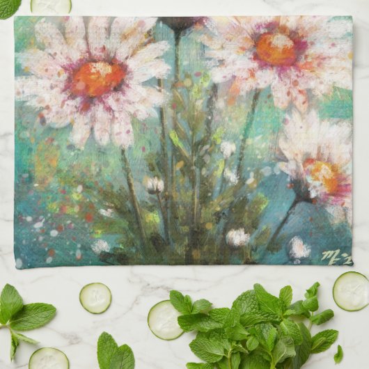 Daisies Impressionistic Floral Teal Personalized Geschirrtuch (Gefaltet)
