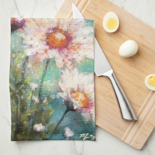 Daisies Impressionistic Floral Teal Personalized Geschirrtuch (Viertel Falte)
