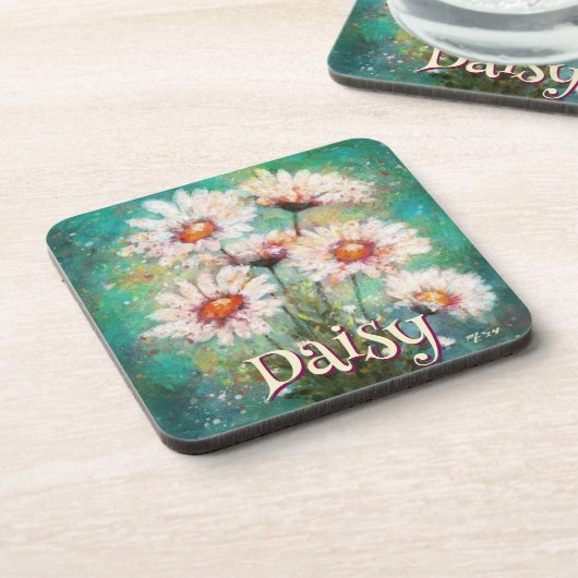 Daisies Impressionistic Floral Teal Personalized Getränkeuntersetzer (Linke Seite)