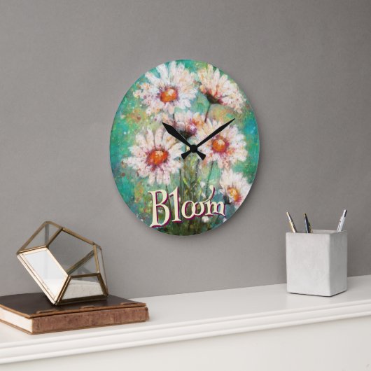 Daisies Impressionistic Floral Teal Personalized Große Wanduhr (Büro)
