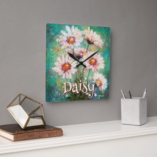 Daisies Impressionistic Floral Teal Personalized Quadratische Wanduhr (Büro)