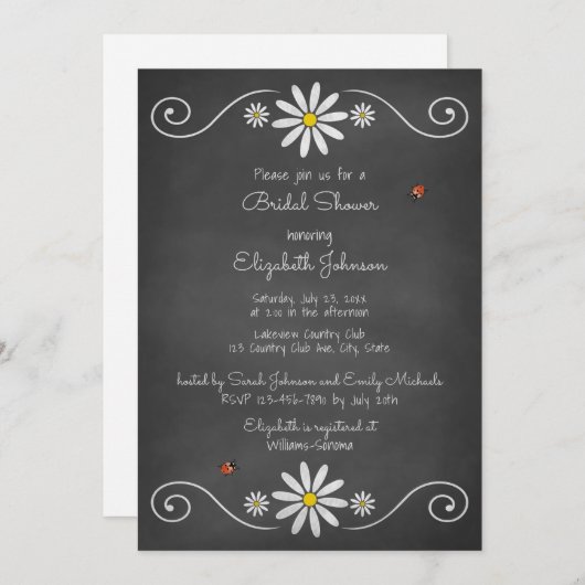 Daisies Ladybugs Rustikales Chalkboard-Brautparty Einladung (Vorne/Hinten)