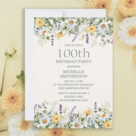 Daisies Lavender Gelbe Wildblumen 100. Geburtstag Einladung