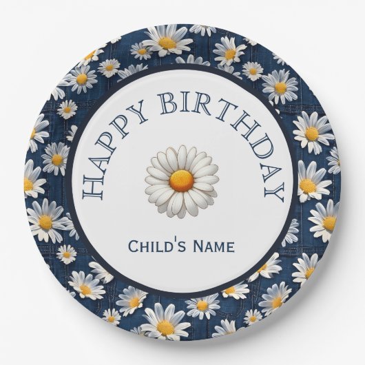 Daisies on Blue Denim Birthday  Pappteller (Vorderseite)