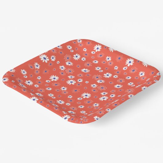 Daisies Red White Blue Floral Pattern Pappteller (Gewinkelt)