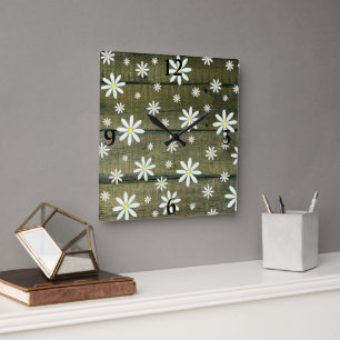 Daisies Rustic Barn Board Daisy Blume Square Wall Quadratische Wanduhr