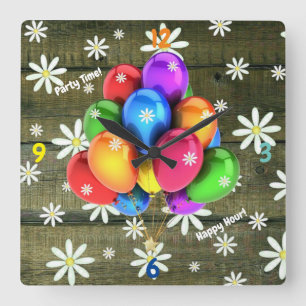 Daisies Rustic Barn Board Party Balloons Quadratische Wanduhr